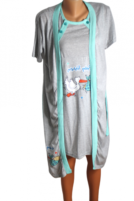 Compleu maternitate, Camasa alaptat + Halat gravide, Grey-Green, Maneca Scurta,BebePrice [5]