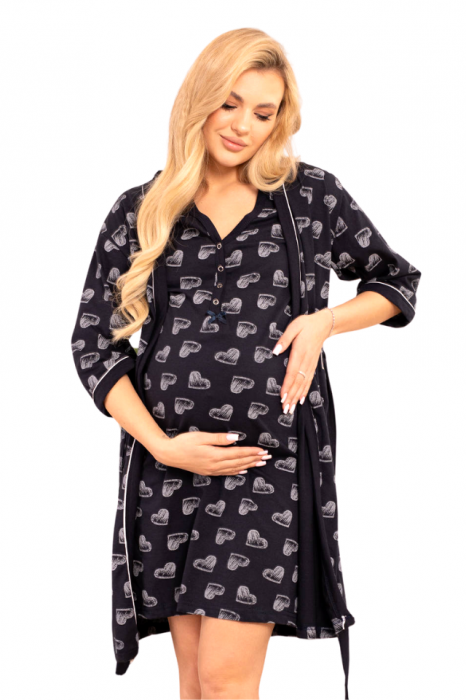 Compleu maternitate, Camasa alaptat + Halat Gravide, Hearts Ivoire, Maneca Scurta, Bebeprice [3]