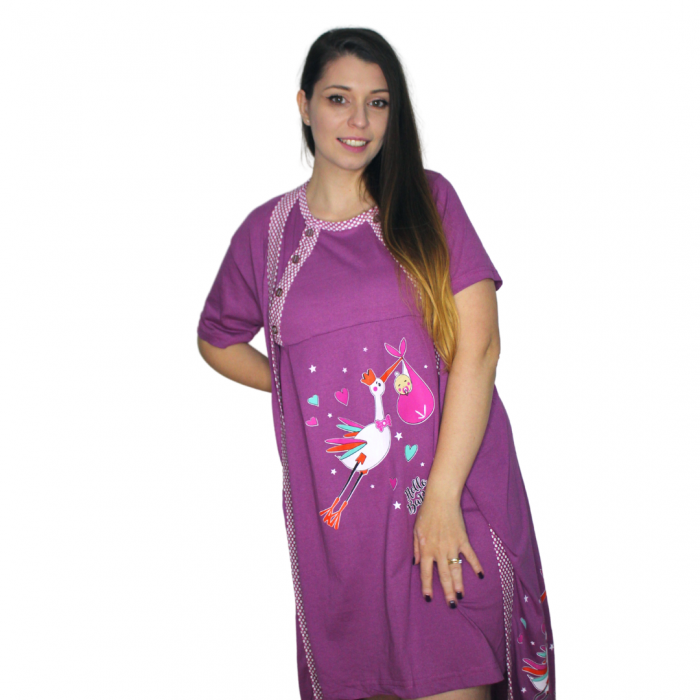 Compleu maternitate, Camasa alaptat + Halat gravide, Hello Baby, Magenta, maneca scurta [6]