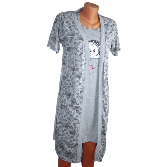 Compleu maternitate, Camasa alaptat + Halat gravide, Dreamy Bear, Grey maneca scurta [2]