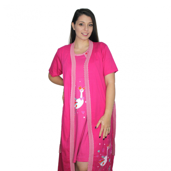 Compleu maternitate, Camasa alaptat + Halat gravide, Hello Baby, Ciclame, maneca scurta [2]