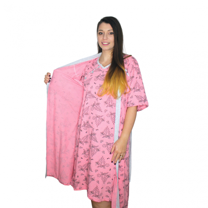 Compleu maternitate, Camasa alaptat + Halat gravide, Majestic, Pink, maneca scurta [3]