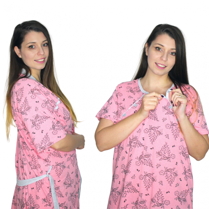 Compleu maternitate, Camasa alaptat + Halat gravide, Majestic, Pink, maneca scurta [5]