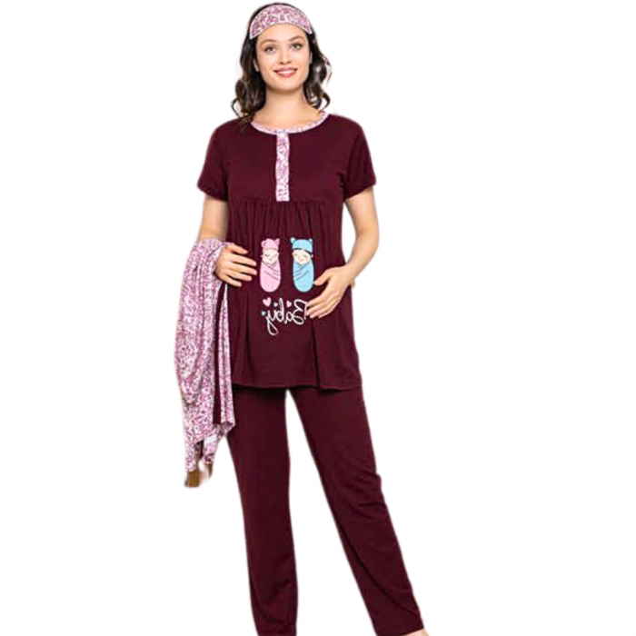 Compleu maternitate, 4 piese, Pijama+ Halat gravide, Baby, Garnet, maneca lunga, BebePrice [2]