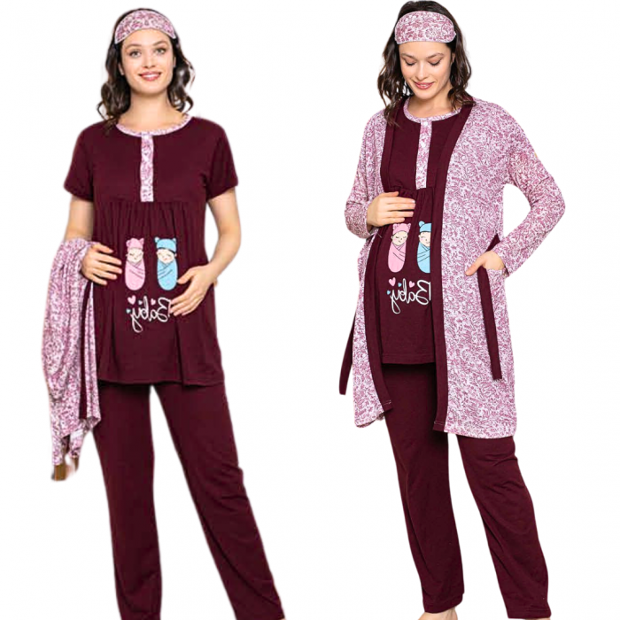 Compleu maternitate, 4 piese, Pijama+ Halat gravide, Baby, Garnet, maneca lunga, BebePrice [4]