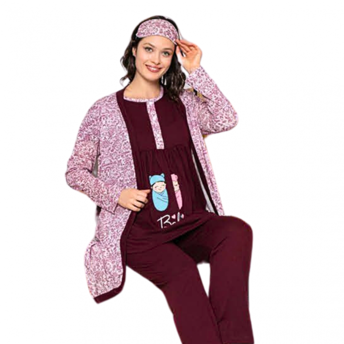 Compleu maternitate, 4 piese, Pijama+ Halat gravide, Baby, Garnet, maneca lunga, BebePrice [3]