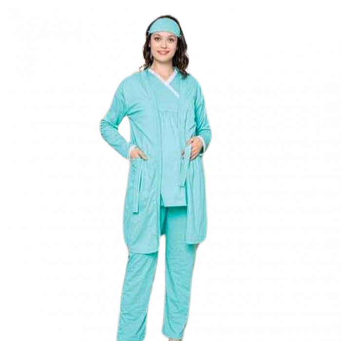 Compleu maternitate, 4 piese, Pijama+ Halat gravide, Cleopatra, Tuquoise, maneca lunga, BebePrice [3]
