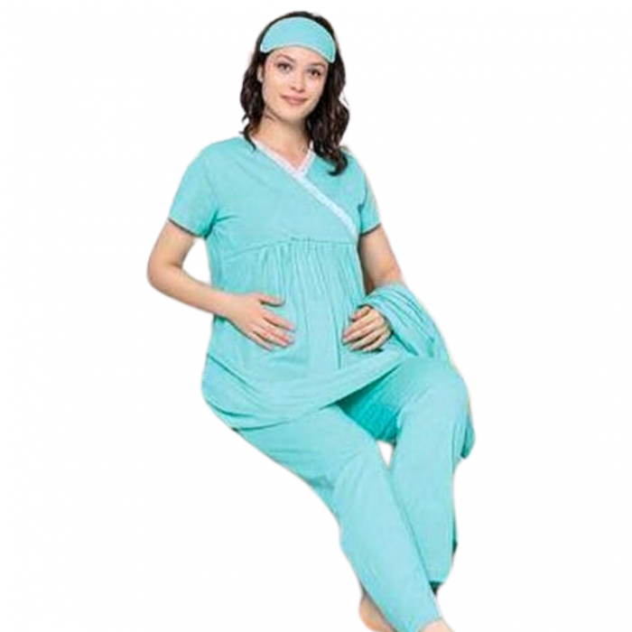 Compleu maternitate, 4 piese, Pijama+ Halat gravide, Cleopatra, Tuquoise, maneca lunga, BebePrice [2]