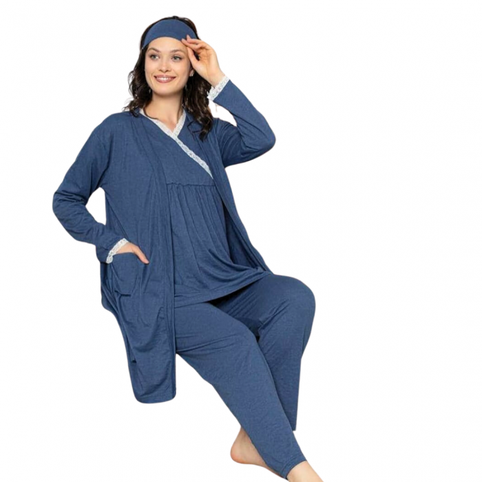 Compleu maternitate, 4 piese, Pijama+ Halat gravide, Cleopatra, Powder Blue, maneca lunga, BebePrice [2]