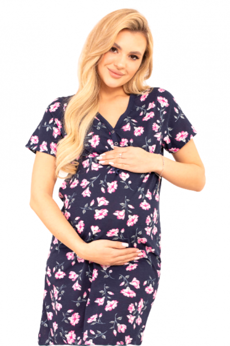 Compleu maternitate, Camasa alaptat + Halat gravide, Floralia, Navy-Purple, Maneca Scurta [4]