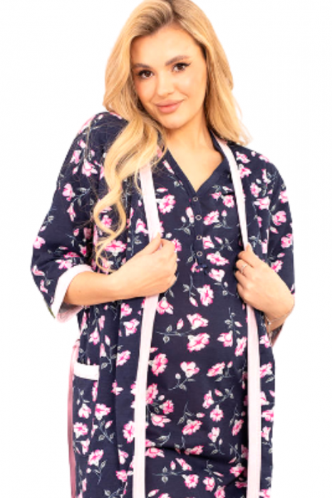 Compleu maternitate, Camasa alaptat + Halat gravide, Floralia, Navy-Purple, Maneca Scurta [5]
