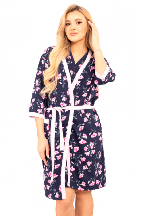 Compleu maternitate, Camasa alaptat + Halat gravide, Floralia, Navy-Purple, Maneca Scurta [2]