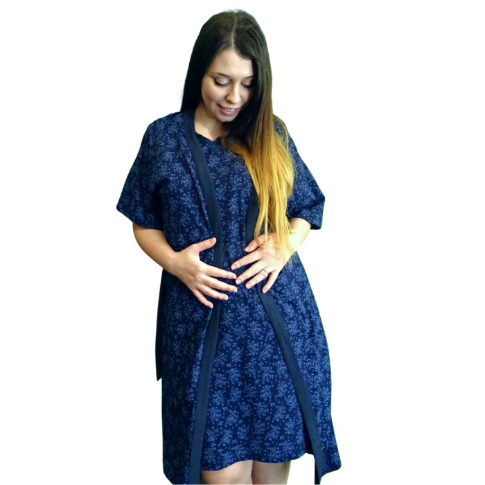 Compleu maternitate, Camasa alaptat + Halat gravide, Maneca Scurta, Sensitive Leaf Blue BBP [2]