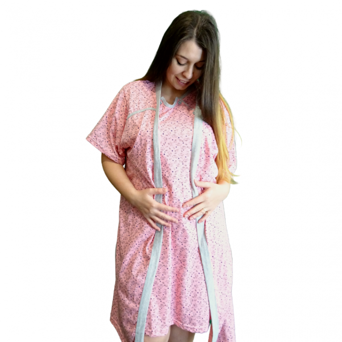 Compleu maternitate, Camasa alaptat + Halat gravide, Maneca Scurta, Sensitive Leaf Dark Pink BBP [2]