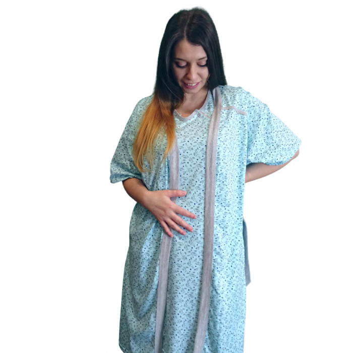 Compleu maternitate, Camasa alaptat + Halat gravide, Maneca Scurta, Sensitive Leaf Blue BBP [3]