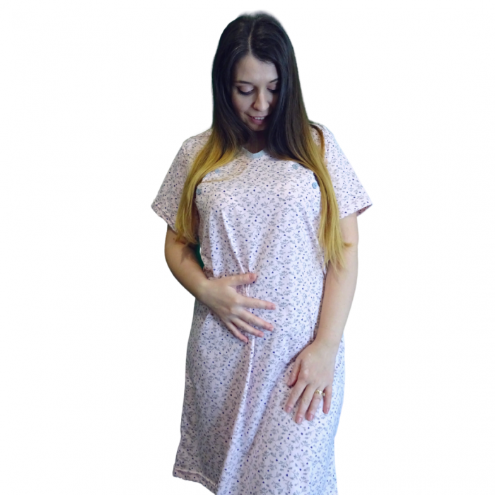 Compleu maternitate, Camasa alaptat + Halat gravide, Maneca Scurta, Sensitive Leaf Soft Pink BBP [3]