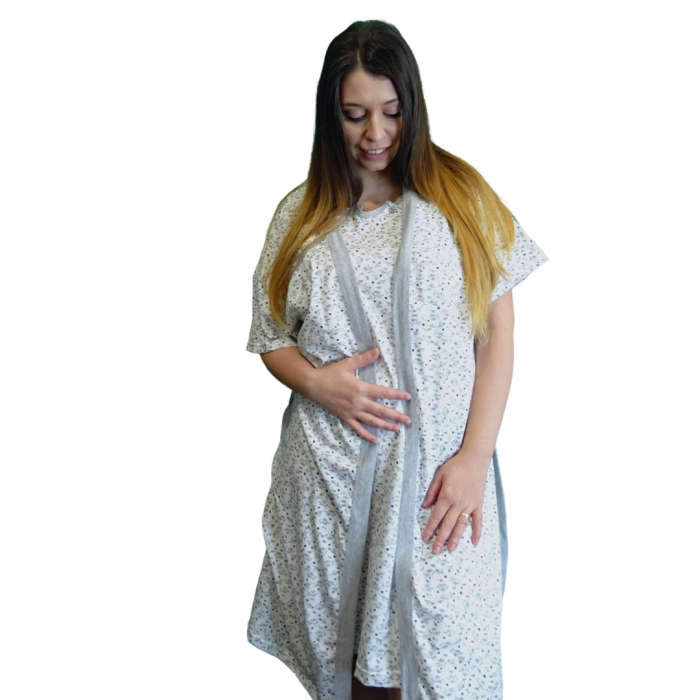Compleu maternitate, Camasa alaptat + Halat gravide, Maneca Scurta, Sensitive Leaf Blue BBP [3]