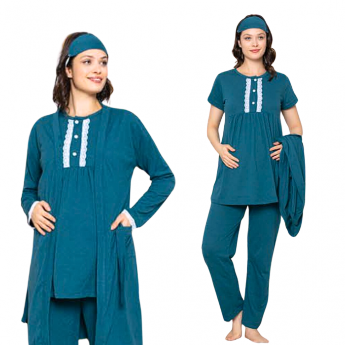 Compleu maternitate, 4 piese, Pijama+ Halat gravide, Stella, Basil, maneca lunga, BebePrice [5]