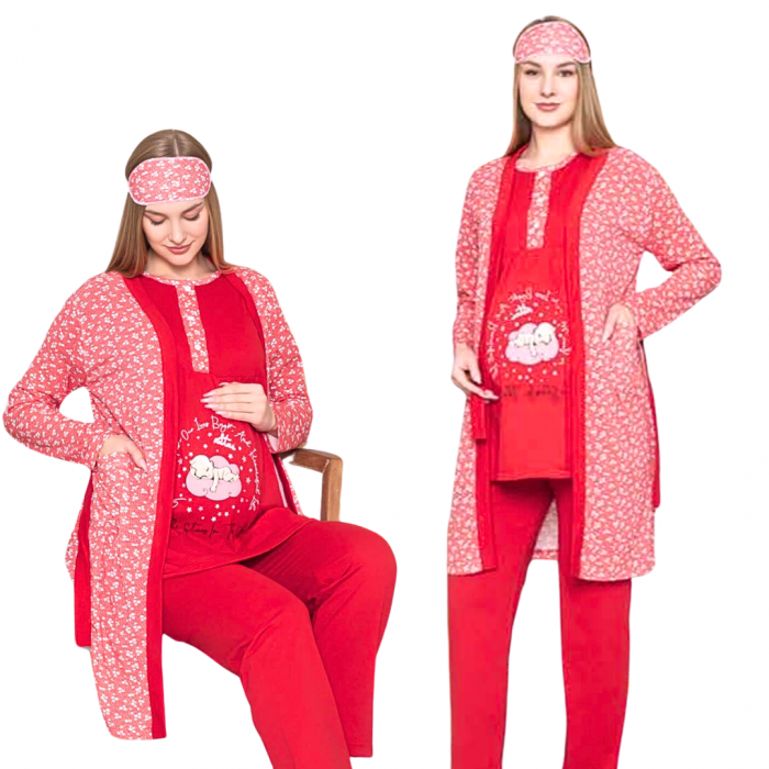 Compleu maternitate, 4 piese, Pijama+ Halat gravide, Baby, True Red, maneca lunga,BebePrice [3]