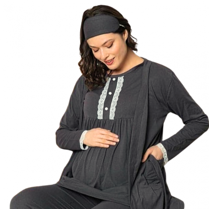Compleu maternitate, 4 piese, Pijama+ Halat gravide, Sella, Soft Black, maneca lunga, BebePrice [2]