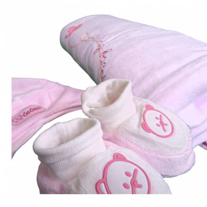 Set Păturica Port Bebe – Căciuliță - Botoșei  din catifea Dusty Pink [2]