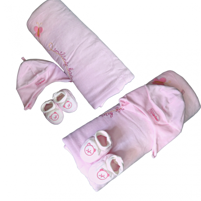 Set Păturica Port Bebe – Căciuliță - Botoșei  din catifea Dusty Pink [7]