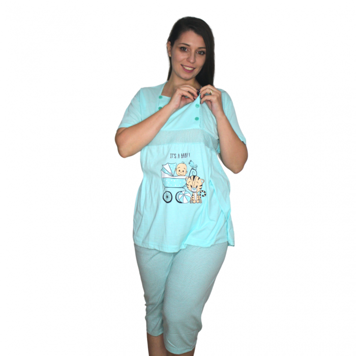 Pijamale pentru alaptare, It's a baby, turquoise, maneca scurta [3]