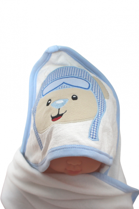 Prosop de baie cu gluga din bumbac , Funny animals, Flying Bear, White Blue [4]