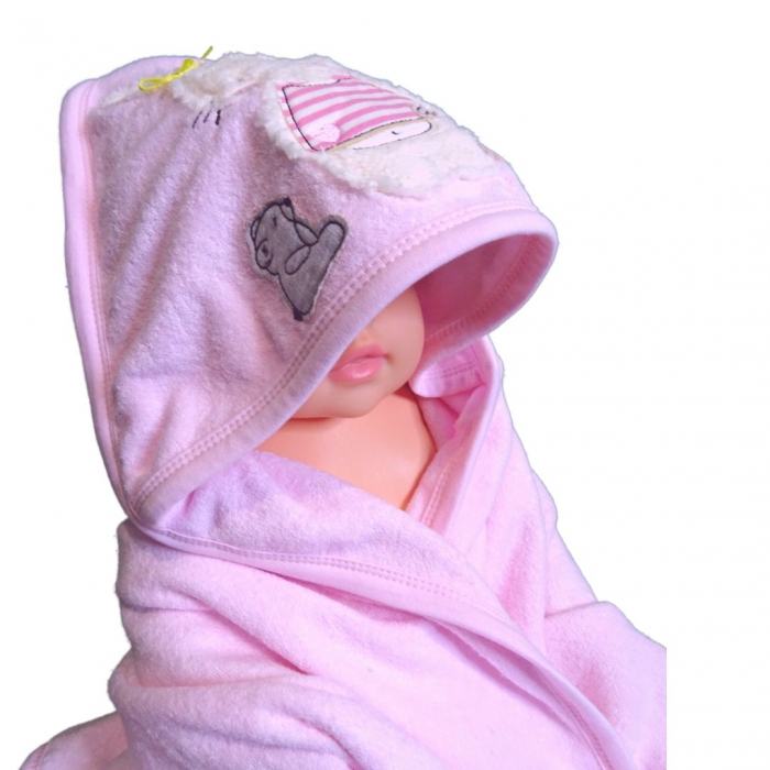 Prosop de baie cu gluga din bumbac , Funny animals, Rabbit and mouse, Roz [5]