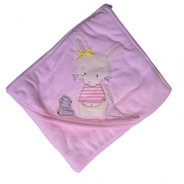 Prosop de baie cu gluga din bumbac , Funny animals, Rabbit and mouse, Roz [2]