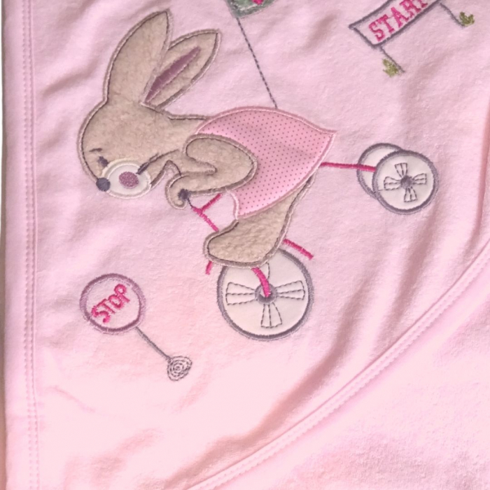 Prosop de baie cu gluga din bumbac , Funny animals, Rabbit on bike, Roz [4]
