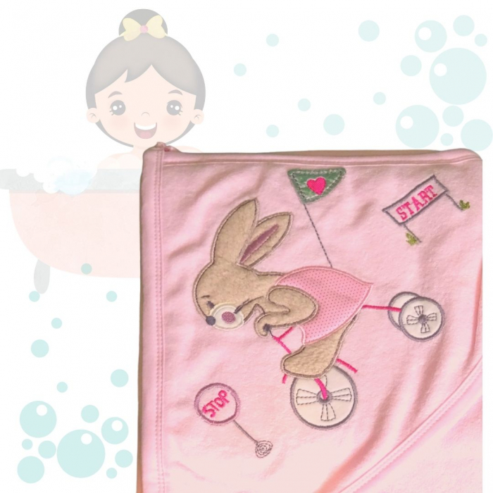 Prosop de baie cu gluga din bumbac , Funny animals, Rabbit on bike, Roz [2]