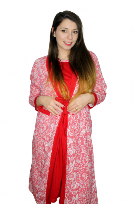 Compleu maternitate, Camasa alaptat + Halat gravide - maneca lunga - 3 piese, Red, Bear [3]