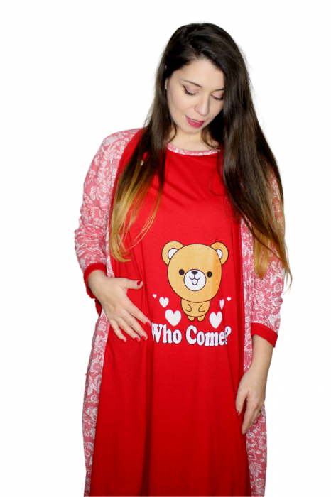 Compleu maternitate, Camasa alaptat + Halat gravide - maneca lunga - 3 piese, Red, Bear [4]