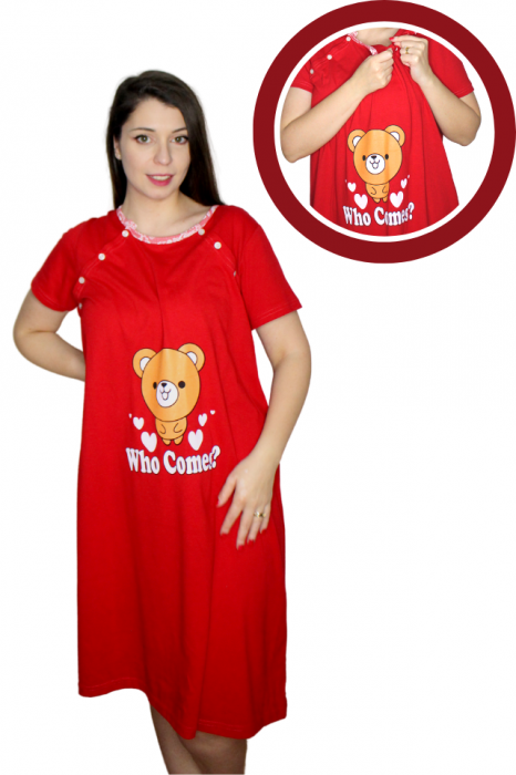 Compleu maternitate, Camasa alaptat + Halat gravide - maneca lunga - 3 piese, Red, Bear [5]