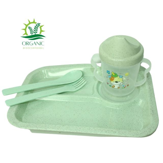 Set hranire bebe, dreptunghiular, din material organic, Puppy, Green- 3 piese [5]