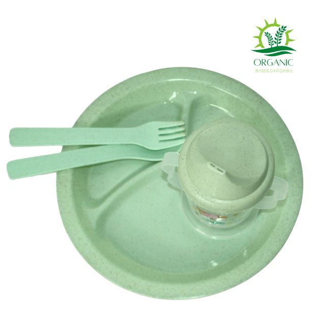 Set hranire bebe, rotund, din material organic, Puppy, Green- 3 piese [4]
