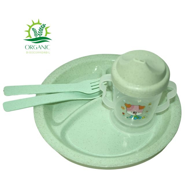 Set hranire bebe, rotund, din material organic, Puppy, Green- 3 piese [5]