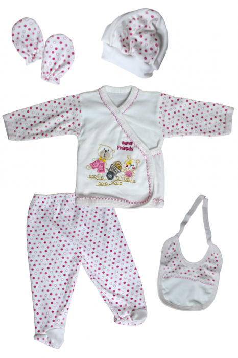 Set maternitate bumbac nou-nascut (0-3 luni), Daisymini, Super Friends, white-pink- 5 piese [5]