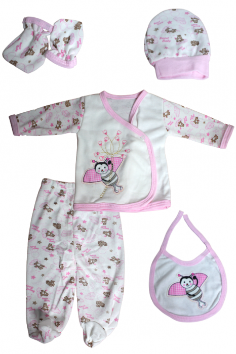 Set maternitate bumbac, antialergic nou-nascut, Happy Bee, white-pink - 5 piese [4]