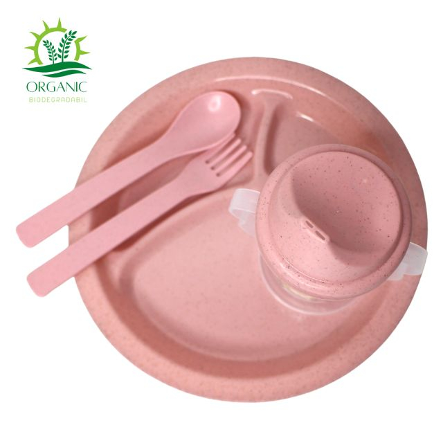 Set hranire bebe, rotund, din material organic, Rabbits, Powder Pink- 3 piese [2]