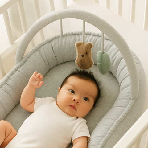 Baby Nest 2 in 1, cuib de bebelusi cu salteluta si bara de jucarii detasabila, Grey,BebePrice [5]