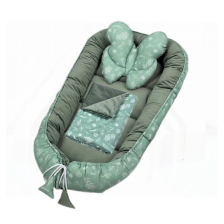 Set Premium Baby Nest Velvet, cuib bebelusi cu perna si pilota, Green Forest, BebePrice [4]