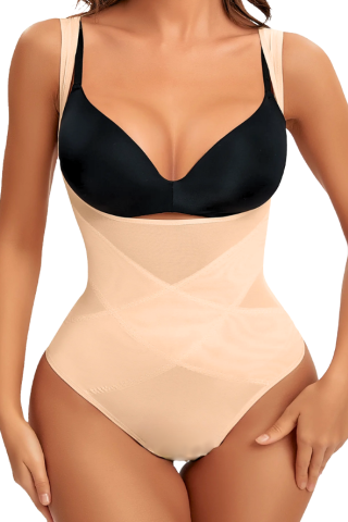 Lenjerie modelatoare - Body modelator, invisi, efect push-up si aplatizare talie, compresie ridicata, DivineFit, Beige, BebePrice