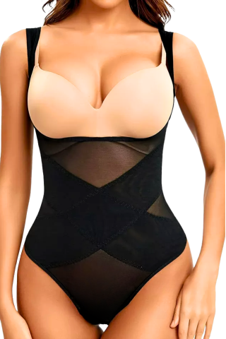 Lenjerie modelatoare - Body modelator, invisi, efect push-up si aplatizare talie, compresie ridicata, DivineFit, Black, BebePrice