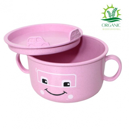 Alimentatie bebe & Accesorii hranire - Bol cu capac, din material organic, Happy Face, Powder Pink