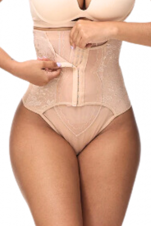 Lenjerie modelatoare - Chilot modelator, tanga cu talie inalta  si corset, prindere mos si baba, dantela, Shapella, Beige, BebePrice