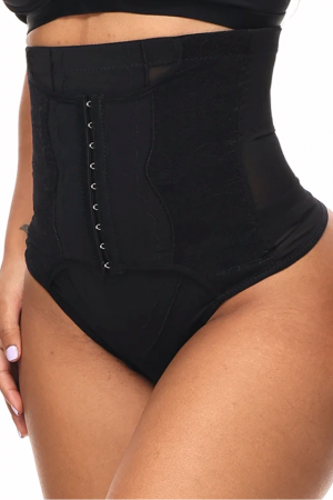 Lenjerie modelatoare - Chilot modelator, tanga cu talie inalta  si corset, prindere mos si baba, dantela, Shapella, Black, BebePrice