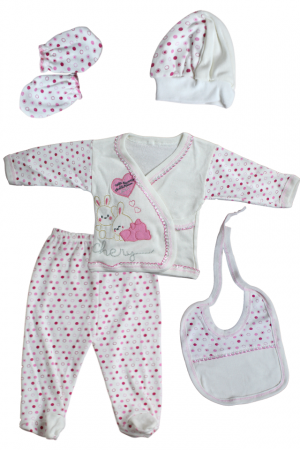 Set maternitate bumbac nou-nascut (0-3 luni), Bebelax, Rabbits, white-pink- 5 piese [5]
