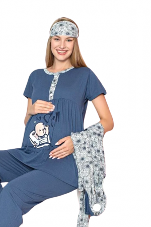 Compleu maternitate, 4 piese, Pijama+ Halat gravide, Milena, Powder Blue, maneca lunga BebePrice [4]